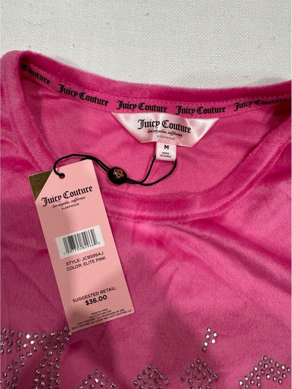 NWT Juicy Couture Hot Pink Velour Rhinestone Tee Top Medium - Picture 4 of 7